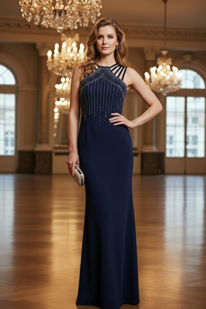 Mossta Rochie de seara tip pește cu bretele asimetrice și detaliu de piatră -...