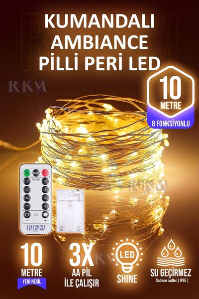 FİOPLUS 10 Metre Gün Işığı Kumandalı Pilli Peri LED 8 Fonksiyonlu Uzaktan Kum...