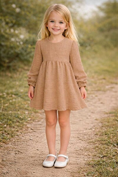 BEBEĞİME ÇORAP Rochie de muselină cu mâneci balon pentru fete, culoare bej