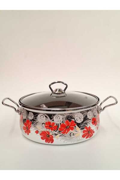 GİZEM Enamel Non-Stick Pot 22 cm Red Flower // Can Be Used on Induction Cookers