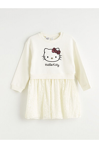 LC Waikiki MG TRENDEN Rochie de fetiță din dantelă cu imprimeu Hello Kitty bej