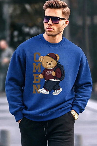 COMBİNE MİCHAİL سويت شيرت رجالي مطبوع قصة فضفاضة باللون الأزرق