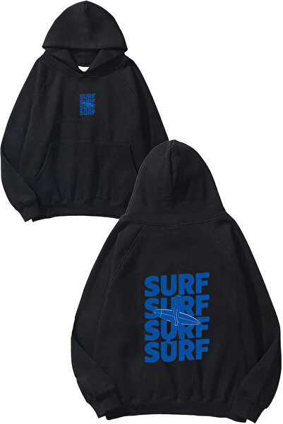 VSRN Hanorac negru supradimensionat cu glugă, imprimat cu design Surf Surf