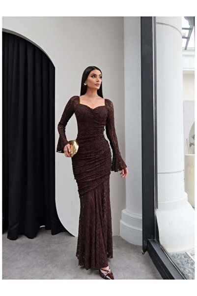 ESRAHELVACI Bel Büzgü Dökümlü Güpür Elbise