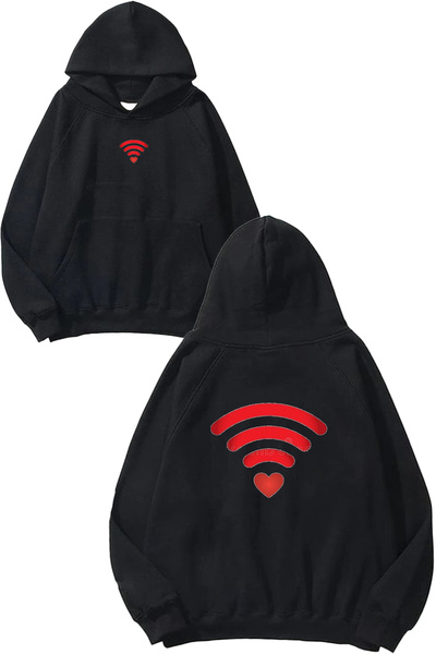 VSRN Φούτερ με στάμπα Love Wifi Design, μεγάλου μεγέθους, μαύρο με κουκούλα