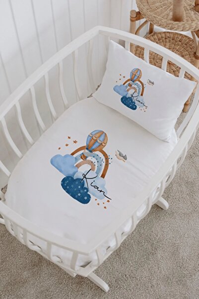 Lilabio İsme Özel %100 Pamuk lastikli Park Yatak Çarşaf Seti (60x120) Mavi Balon