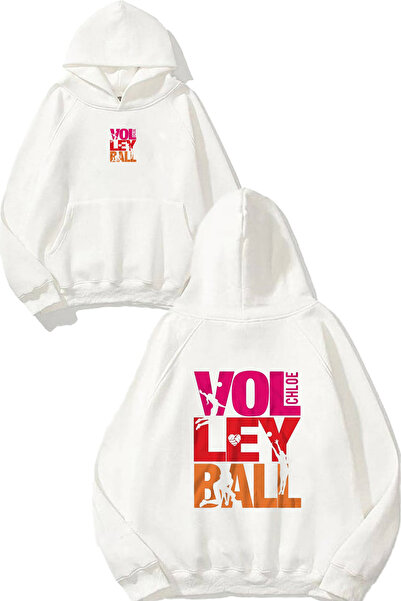 VSRN Hanorac alb supradimensionat cu glugă, cu imprimeu Voleyball 6 Design
