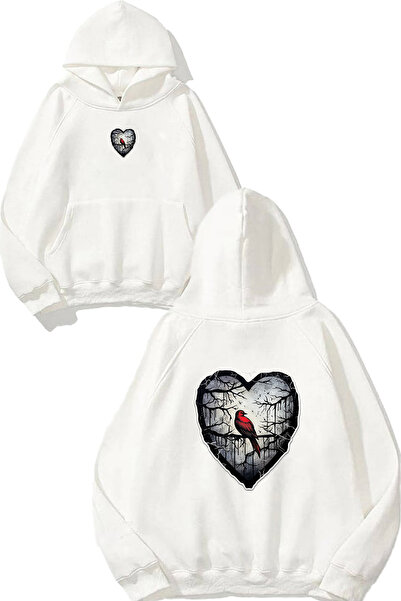 VSRN Gloomy Bird Design Printed Oversize White Hooded Sweatshirt