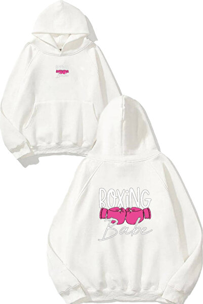 VSRN سويت شيرت أبيض كبير الحجم بقلنسوة مطبوع بتصميم بوكسينج بيبي