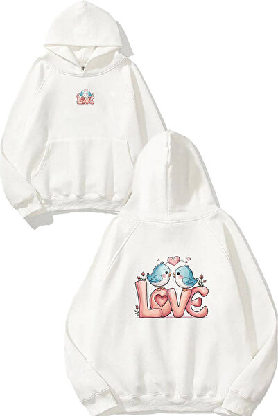 VSRN Φούτερ με στάμπα Love Birds Design, μεγάλου μεγέθους, λευκό με κουκούλα