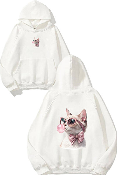 VSRN Hanorac alb supradimensionat cu glugă, cu imprimeu Gummy Cat Design