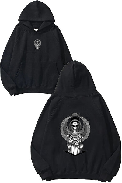 VSRN Hanorac negru supradimensionat cu glugă, cu imprimeu Alien Egyptian Design