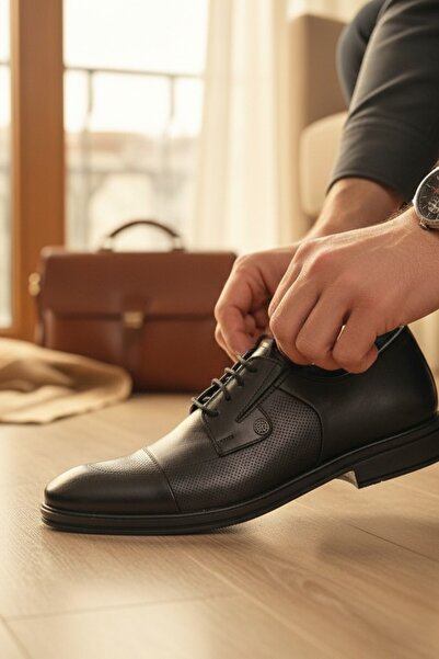 enoch Genuine Leather Black Micro Hole Detailed Lace-Up Men's Shoes