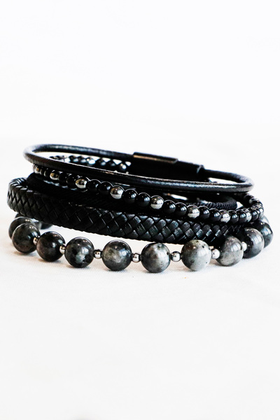 biuti سوار رجالي بثلاثة أجزاء من حجر الأونيكس الطبيعي + سوار من الجلد الطبيعي...