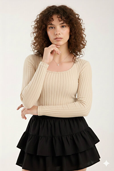 Lufthimm Women's Square Neck Tricot Long Sleeve Blouse