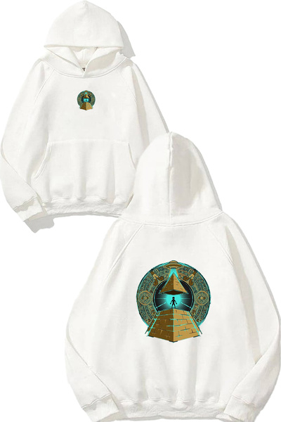 VSRN Hanorac alb supradimensionat cu glugă, cu imprimeu design Corn Of God An...