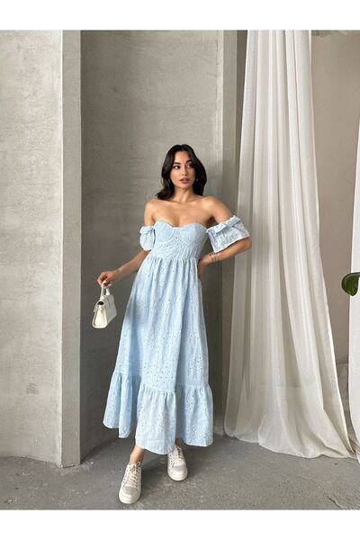 Rabona Fashion Bella Brode Omzu Açık Volan Kol Midi Elbise