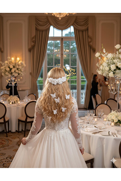 NEVAMATÖLYE El İşçiliği İnci ve Çiçek Detaylı Gelin Tacı - Zarif Saç Aksesuarı