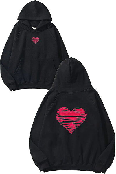 VSRN Φούτερ με στάμπα Heart Lines Design, μεγάλου μεγέθους, μαύρο, με κουκούλα