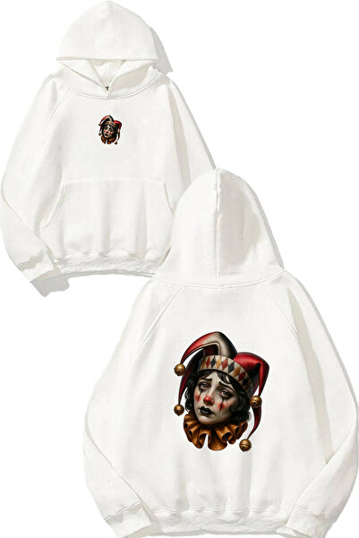 VSRN Hanorac alb supradimensionat cu glugă, imprimat cu design Sad Clown