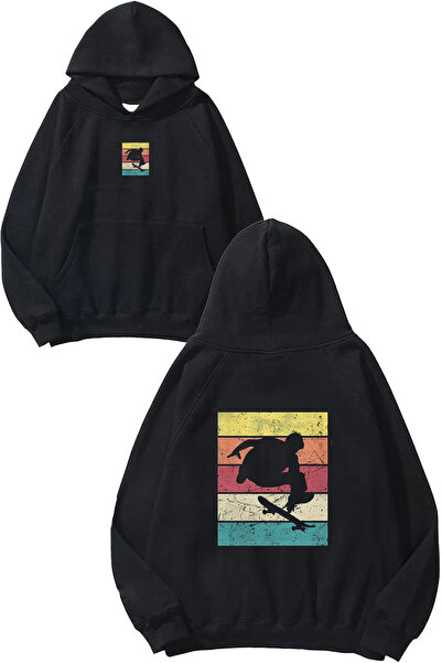 VSRN Hanorac negru supradimensionat cu glugă, cu imprimeu Skate Design