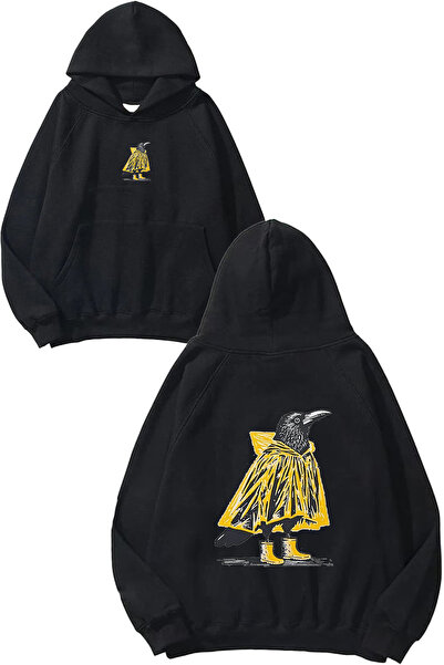 VSRN Raincoat Bird Design Printed Oversize Black Hooded Sweatshirt