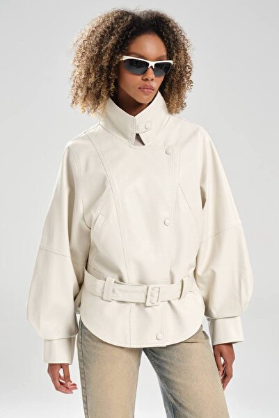 tw3 Jachetă de damă din piele, cu închidere dublă, cu centură în talie, desig...