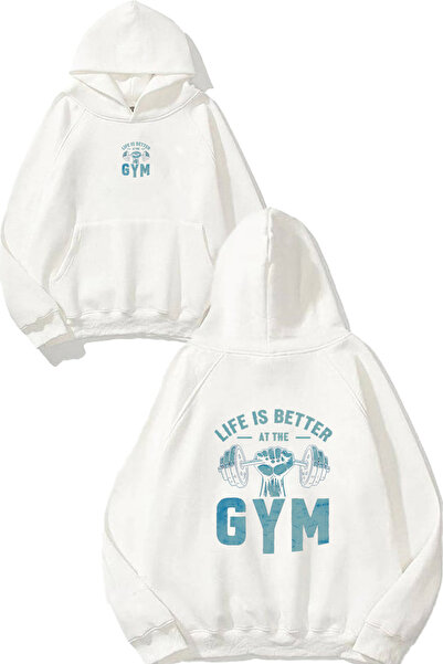 VSRN Gym Life Is Better Design imprimat Hanorac alb supradimensionat cu glugă