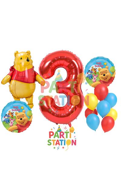 Parti Station Winnie the Pooh Konsept 3 Yaş Doğum Günü Balon Seti – Ayı Karak...