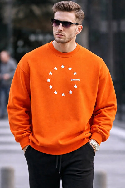 COMBİNE MİCHAİL Men's Star Printed Loose Orange Sweatshirt