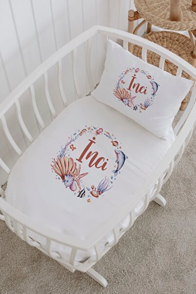 Lilabio İsme Özel %100 Pamuk lastikli Park Yatak Çarşaf Seti (60x120) Deniz İ...