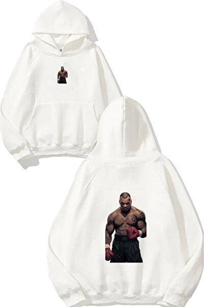 VSRN Hanorac alb supradimensionat cu glugă, imprimat cu design Angry Boxer