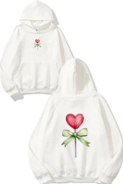 VSRN Hanorac alb supradimensionat cu glugă, cu imprimeu Heart Lolipop Design