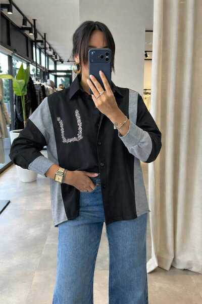 YEK&BİR Cămașă supradimensionată pentru femei, cu detalii din piatră, negru-gri