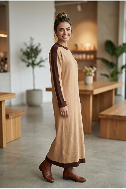 Kirazca Butik Women's Mercerized Fabric Long Knit Dress with Stripe Detail