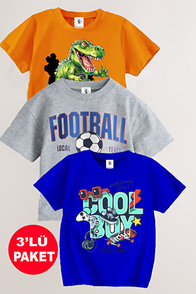 twins tailors Футбол и динозавър, отпечатан 3-пакет унисекс сиво-оранжево-сап...