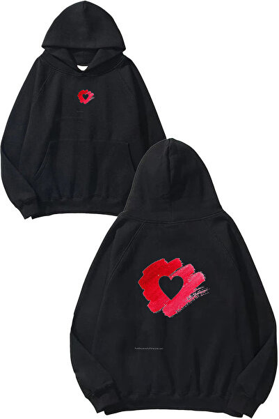 VSRN Hanorac negru supradimensionat cu glugă, cu imprimeu Heart 1 Design
