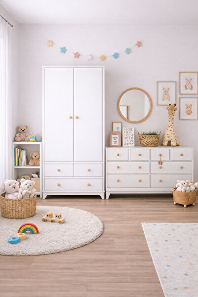 Koza %100 MDF Bonnie Beyaz 2 Kapılı Dolap & Bonnie 8 Çekmeceli Şifonyer