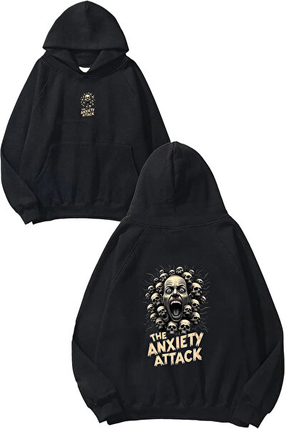 VSRN Hanorac negru supradimensionat cu glugă, cu imprimeu The Anxiety Attack ...