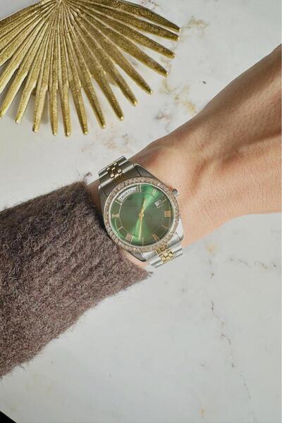 OQQO Myra Double Date Display Green Dial Gold Silver Band Women's Wristwatch