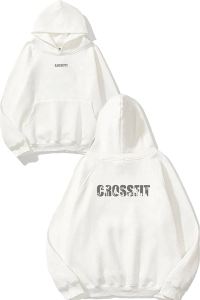 VSRN Hanorac alb supradimensionat cu glugă, cu imprimeu cu design Crossfit Mo...