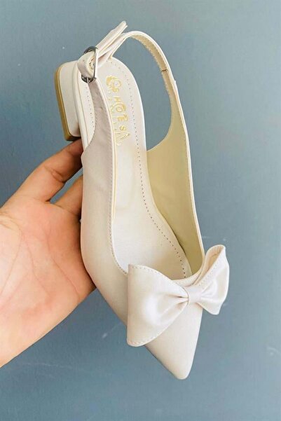 Difolia Cream Fabric Bowknot Open Back 2 cm Heeled Pointed Toe Ballerinas