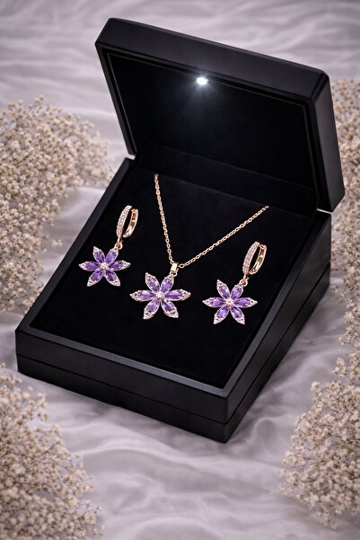 Silvanya Jewelry 925 Ayar Gümüş Renkli Taşlı Lotus Çiçeği Kadın Kolye Küpe Ta...