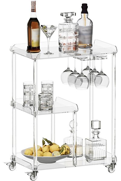 Slasa عربة مشروبات أكريليك بثلاثة أرفف، 60×38×82 سم - عربة مشروبات وتخزين شفا...