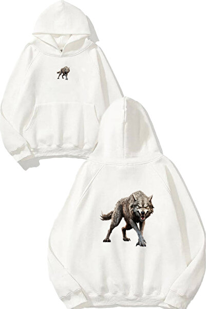 VSRN Hanorac alb supradimensionat cu glugă, cu imprimeu Wild Wolf Design