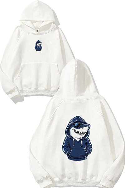 VSRN Φούτερ με στάμπα Shark Design, υπερμεγέθη, λευκό, με κουκούλα