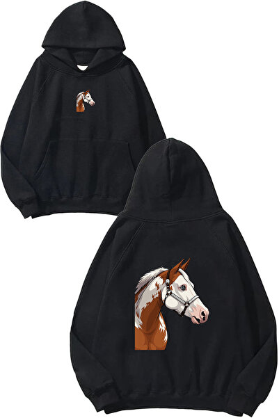 VSRN Hanorac negru supradimensionat cu glugă, cu imprimeu Horse 4 Design