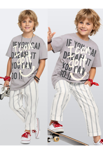 Denokids Boy's Graffiti Suit 100% Cotton T-Shirt and Striped Linen-Look Summe...