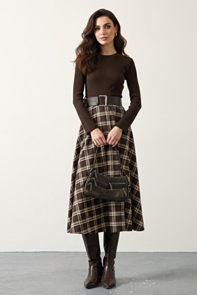 SHILSEE BEUTİQUE Women's Belted Plaid Skirt Knitted Tricot Dress Brown