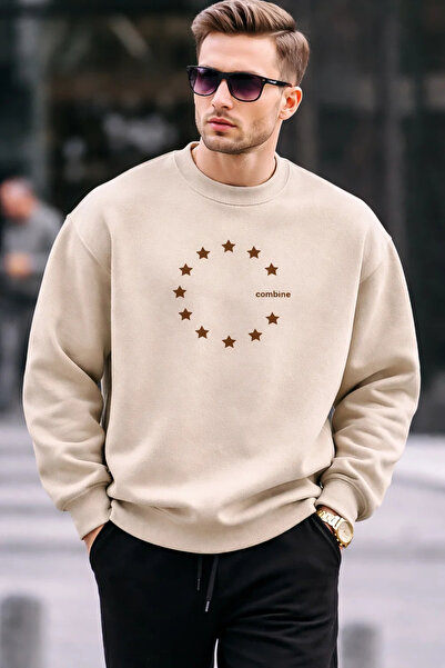 COMBİNE MİCHAİL Ανδρικό φούτερ με στάμπα Star, σε χαλαρή γραμμή, κρεμ χρώματος